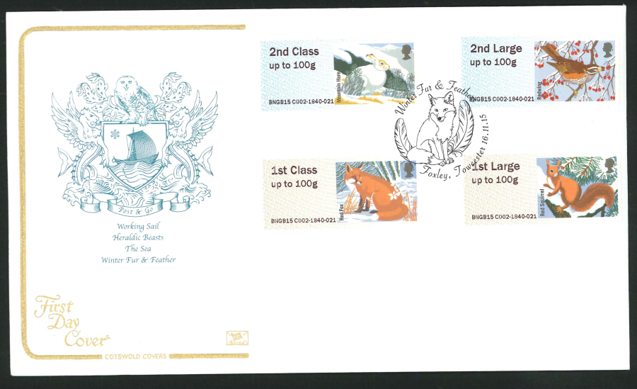2015 Cotswold Fur & Feathers l Post & Go First Day Cover, Foxley, Towcester Postmark - Click Image to Close